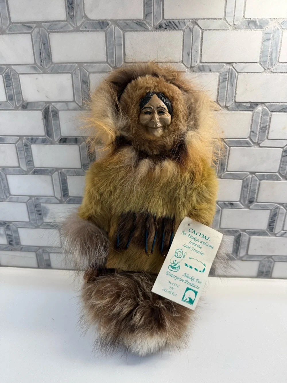 Camai Vintage, Alaska Doll Fur Eskimo Doll with Wooden Face - Green/Brown